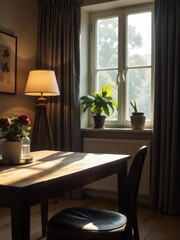 Sunlight fills a cozy room with a wooden table, plants on the windowsill, and warm autumn ambiance.