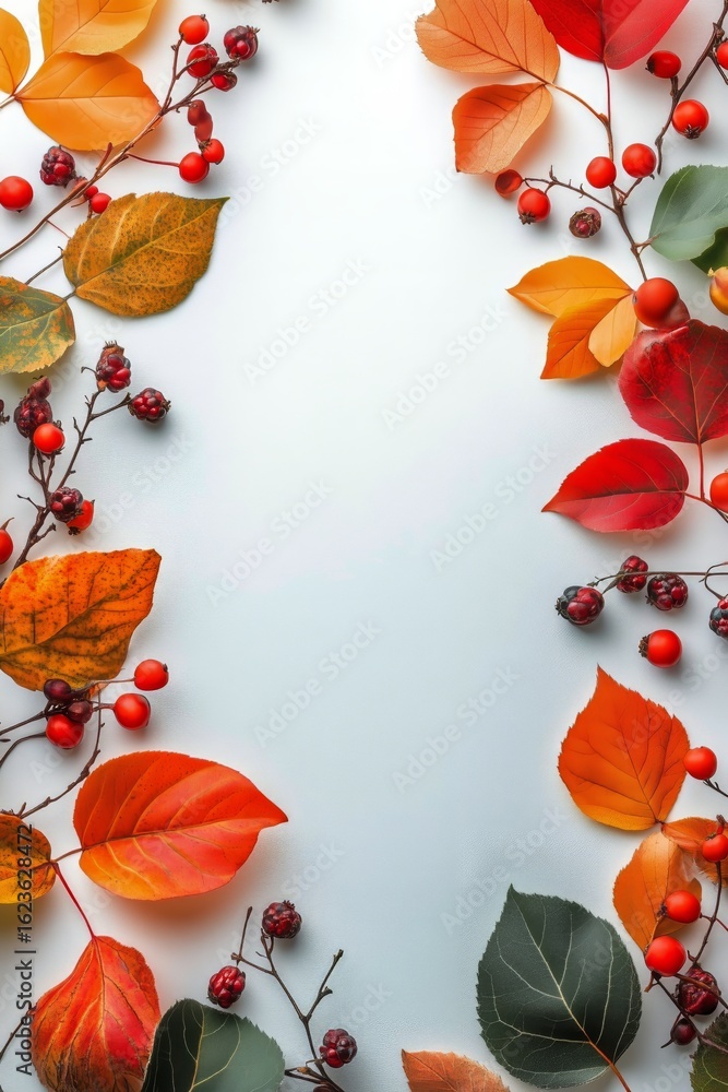 Poster colorful autumn leaves and berries create a vibrant border with empty space for text or design