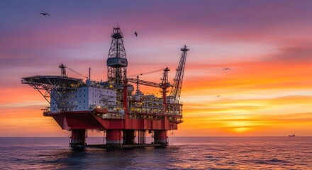 Obraz premium Offshore oil rig at sunset