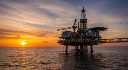 Fototapeta premium Oil rig at sunset over ocean