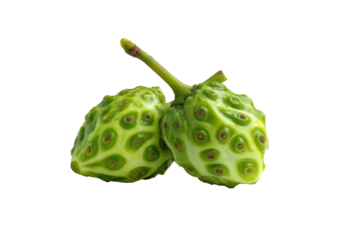 Two vibrant green, bumpy fruits, joined by a stem, isolated on black