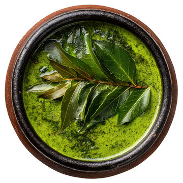 Top view of an extremely perfect l ooking Curry Leaf Soup in a dark clay pot isolated [Transparent Background PNG]