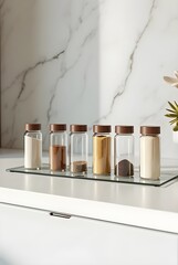 Glass stand mockup with kitchen bottles in clean modern setting, blank labels for spice or oil branding and product packaging © Anas