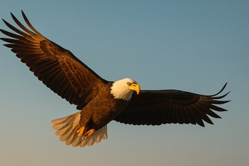Fototapeta premium A single eagle flying majestically across a clear sky, wings fully extended, each feather sharply defined and catching the golden rays of the sun