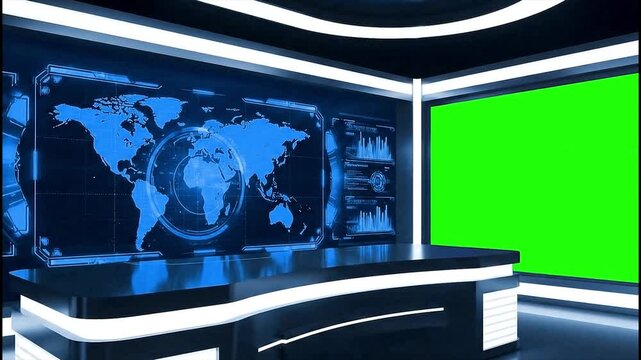 Blue news studio with world map and green screen background design