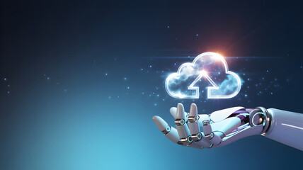 Robotic hand reaching toward glowing cloud icon with upward arrow on a futuristic blue background—symbolizing cloud computing, data upload, and automation technology.