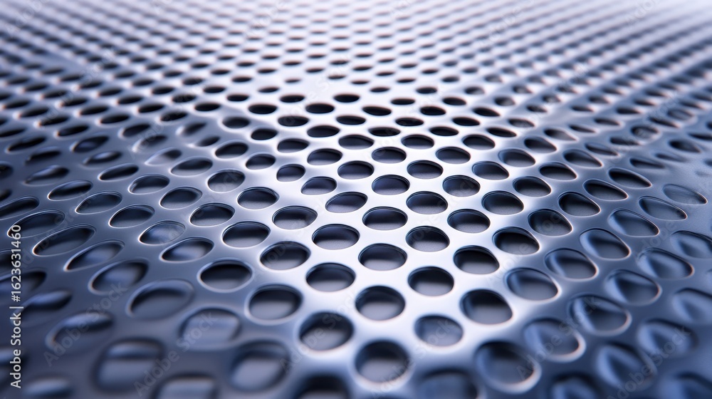 Wall mural metal sheet with circular holes creating a pattern perspective view.