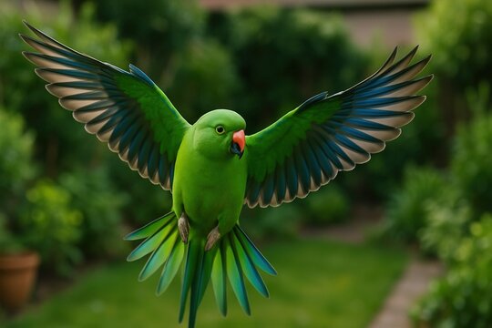 A high-resolution image of a parrot in mid-flight above a home garden, with wings spread wide and feathers detailed in vivid green and blue hues