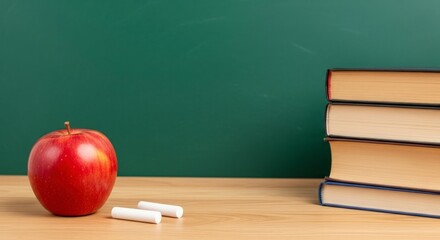 Obraz premium A red apple two pieces of chalk and a stack of books sit on a desk in front of a green chalkboard