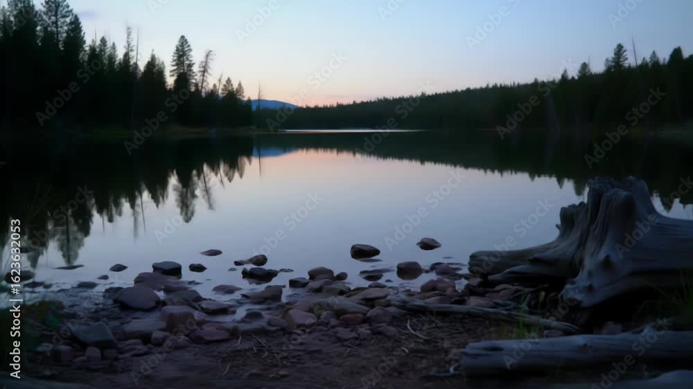 Poster A tranquil lake at dusk reflects a vibrant sky, surrounded by a dense forest. Rocks line the shore, with a weathered tree stump adding texture to the scene. Serene and scenic view.