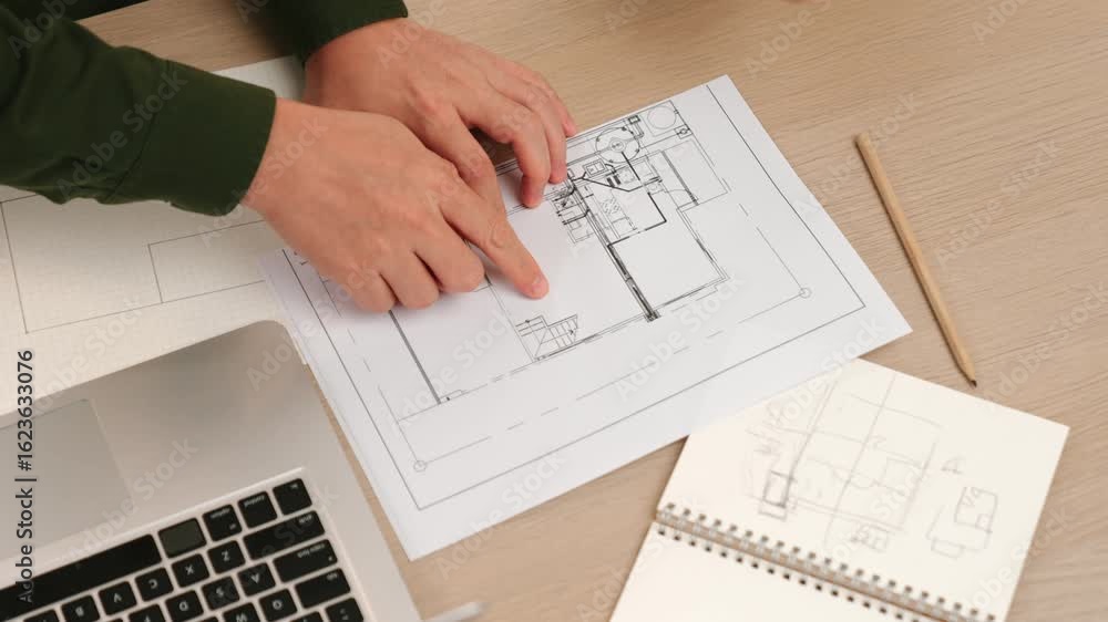 Poster video of clever architect and smart engineer with laptop discussing about a detail on blueprint for 