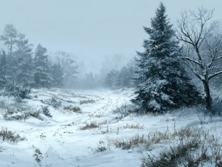 Snowy Forest Path in Winter Fog