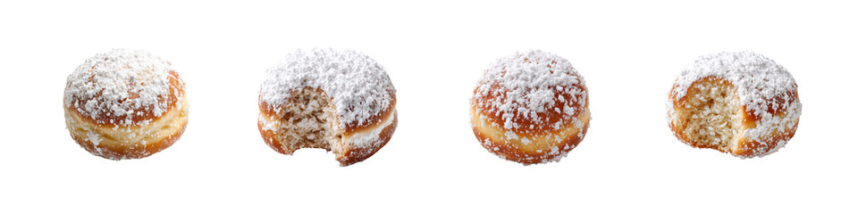Set of Powdered sugar jelly donuts with cream filling, some with bite taken  isolated on transparent background
