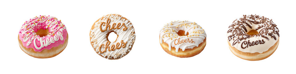 Set of Cheerful donuts with colorful icing and “Cheers” messages on top  isolated on transparent background
