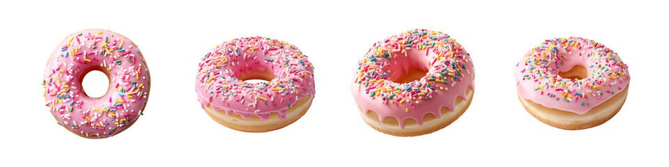 Set of Pink frosted donuts with colorful sprinkles  isolated on transparent background