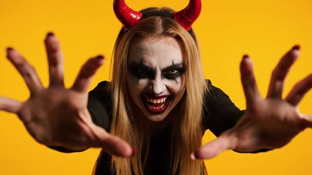 Woman with devil makeup red horns and black clothes reaches forward set against a solid yellow background