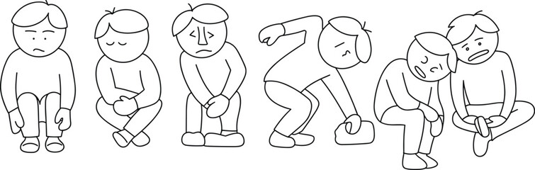 Cartoon characters showing sadness, depression, stress, and emotional pain, mental health illustration, sitting poses, tired expressions, burnout, anxiety, lonely feelings, therapy concept art.