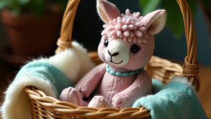 Pink stuffed llama toy sitting in a basket with blankets, creating a cozy atmosphere.