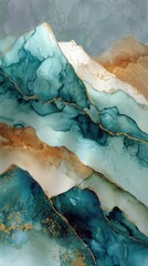 Abstract Teal Gold Beige Watercolor Mountains Landscape