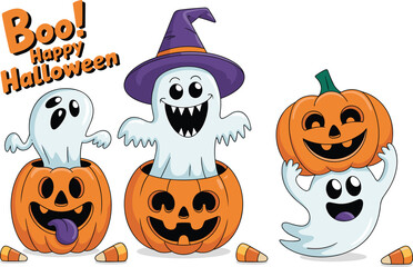 Halloween Cartoon Ghosts with Jack-o’-Lanterns and Candy Corn, Funny Spooky Scene, “Boo! Happy Halloween” Clipart, Whimsical October Illustration, Ghost Costume Party Art