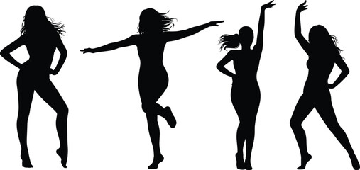 Human pose silhouette collection, black figure design set, casual standing gestures, expressive body language, minimal character outline, posture variation illustration, people graphic art