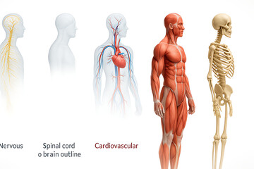 Full human anatomy system labeled, muscular system, cardiovascular system, skeletal bones, nervous network, spinal cord, vascular pathways, internal organs diagram, biology education chart, medical sc