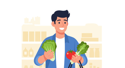 Man holding fresh vegetables including lettuce and tomato in a grocery store with shelves behind him