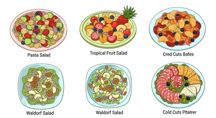 A collection of six plates each containing different types of salads and cold cut platters viewed from above