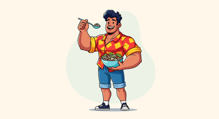 A man holding a bowl of food and a spoon up to his mouth with a red and yellow patterned shirt on