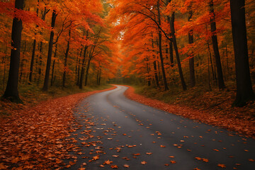 Fototapeta premium Winding forest road in deep autumn woods, asphalt path curving through vibrant orange red foliage, fallen leaves scattered along empty street, tranquil natural landscape under moody light, peaceful se