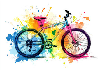 Colorful Abstract Bicycle Illustration with Watercolor Splash Effects.