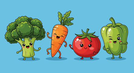 Cartoon vegetables standing together on a blue background with happy and smiling faces and waving arms