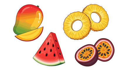 Assortment of tropical fruits including mango slices pineapple rings watermelon and passion fruit halves shown