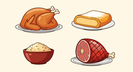 Illustration showcasing a variety of food items including turkey ham rice and a loaf on plates neatly arranged