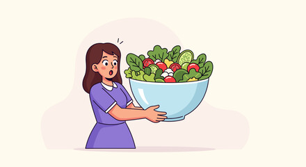 Woman holding an oversized bowl of salad with lettuce tomatoes cucumbers and white round ingredients