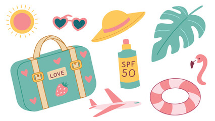 Summer vacation travel suitcase sunglasses sun hat spf flamingo airplane leaf