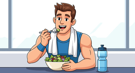 Man eating a salad with a fork after a workout while wearing a towel and a water bottle nearby on a table