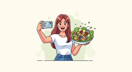 Illustration of a woman taking a selfie with a salad bowl, showcasing healthy eating and lifestyle content