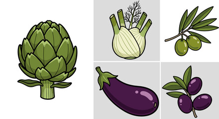 Illustration of artichoke fennel eggplant and olives on branches against a gray background shade art