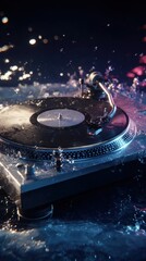 Abstract Turntable with Water Splashes and Glowing Lights