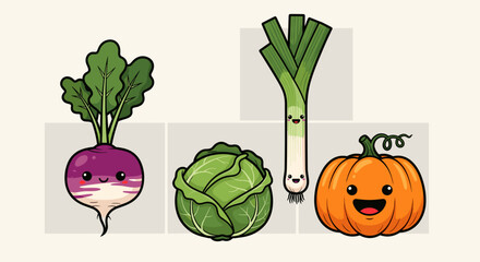 Illustration of a turnip, cabbage, leek, and pumpkin with cute faces on a white background squares behind