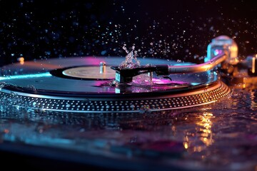 Abstract Turntable with Water Splashes and Glowing Lights