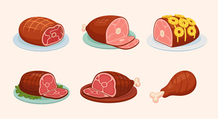 Illustration of six ham pieces with different toppings and presentations on plates and bone end 100