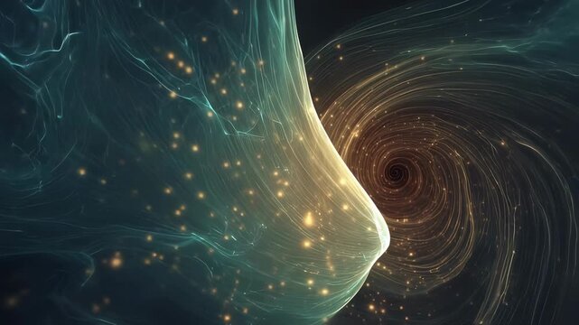 Animated visualization of turbulent green wave patterns interacting with inner ear model to convey vertigo and dizziness effects.