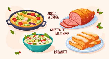 Illustration of arroz a grega, chestea de maionese, rabanada, and ham on plates with christmas decor