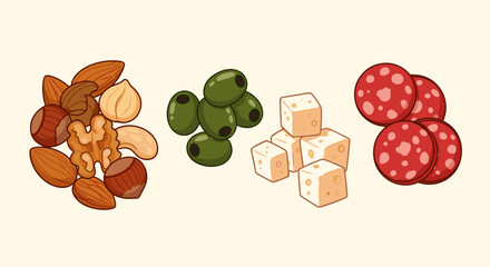 Illustration of a snack platter with nuts, olives, cheese cubes and salami slices on a light background