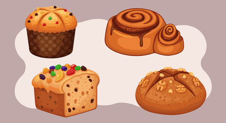 Illustration of four different types of baked goods including sweet bread and cinnamon rolls on light background