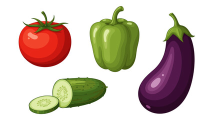 Illustration of a tomato, green bell pepper, eggplant, and a sliced cucumber on a white background