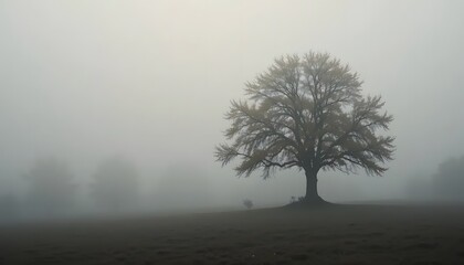 Lonely tree in dense autumn fog