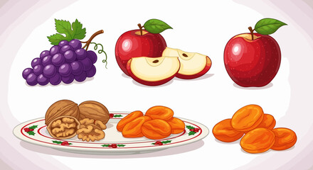 Illustration of grapes apples walnuts and dried apricots arranged together on a white background scene